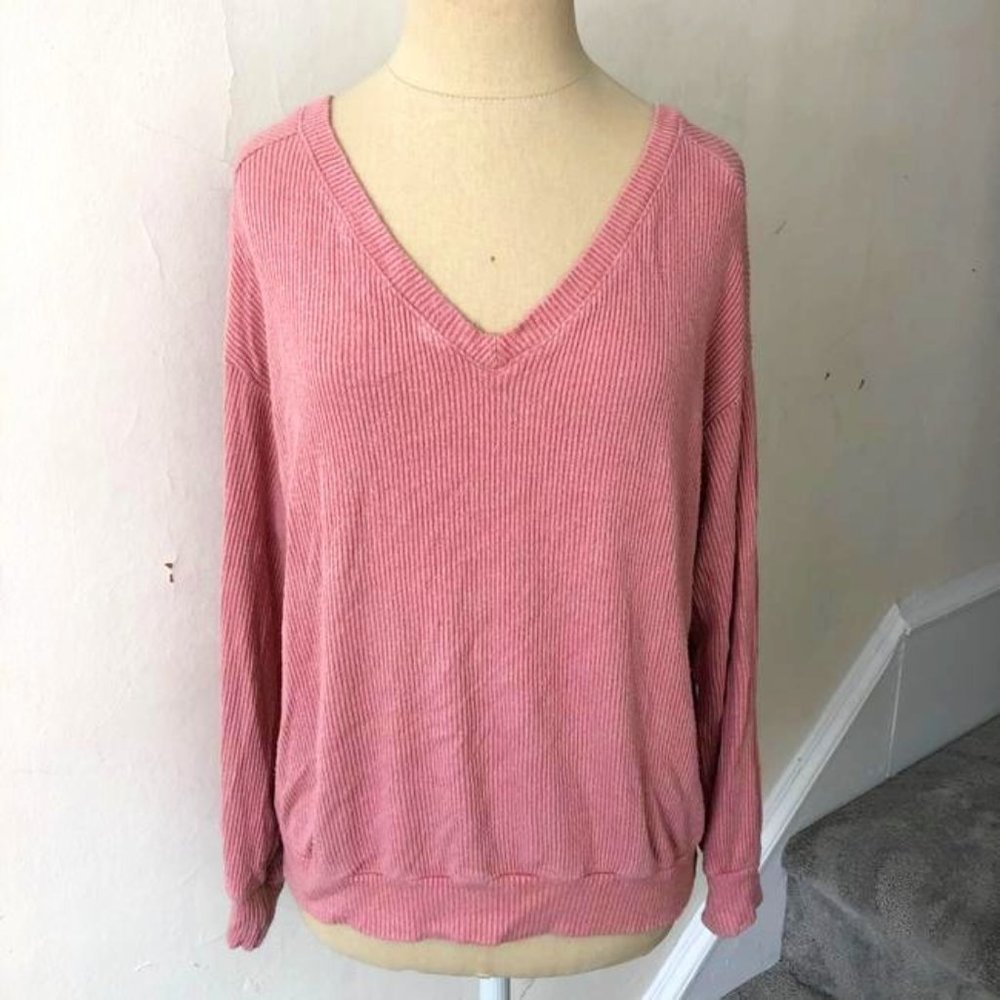 Parca Cozy V-neck Rib Knit Pink Sweater